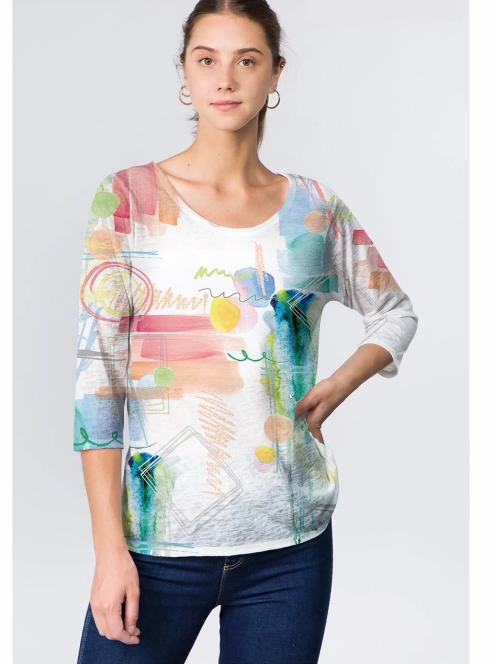 Et Lois White Abstract Watercolor 3/4 Sleeve Women's Top